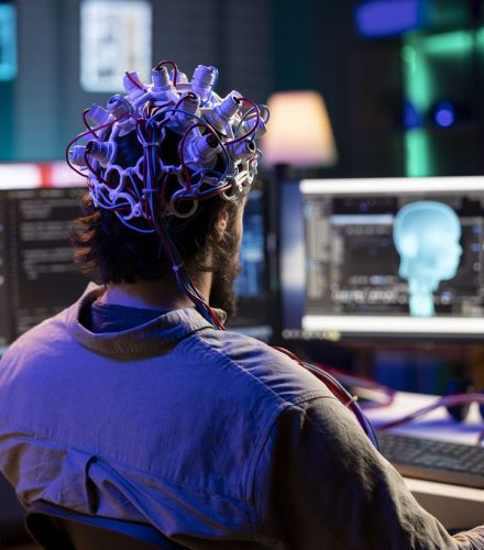 Persona usando un dispositivo de electroencefalografía (EEG) frente a monitores con análisis cerebrales y gráficos, simbolizando el uso de IA y tecnología avanzada.Elita Projects tu consultoría de confianza