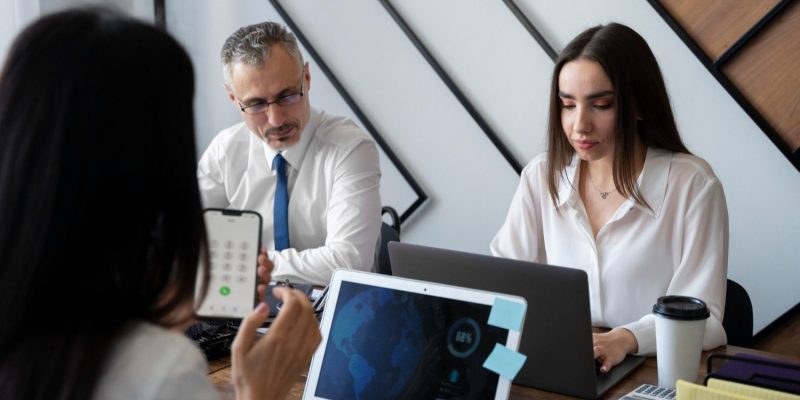 Consultor tecnológico analizando datos en pantalla durante sesión de consultoría