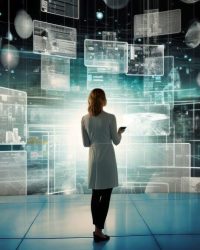 Persona en un entorno inmersivo con gráficos de datos, simbolizando el aprendizaje de patrones y predicciones futuras con inteligencia artificial