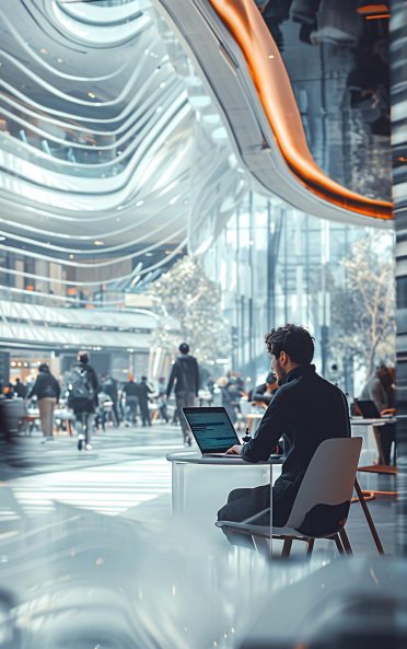 Profesional trabajando en un entorno futurista y digital, representando la gestión y análisis de Big Data para la toma de decisiones estratégicas. Toma el control de tus datos