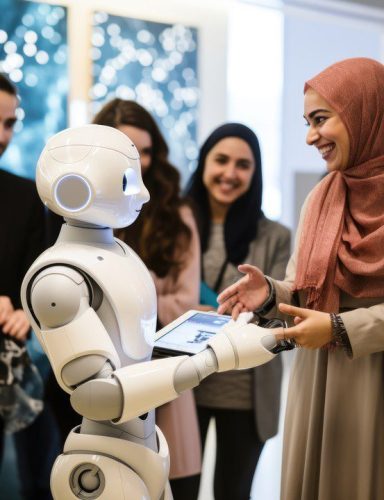 Grupo de personas interactuando con un robot humanoide, simbolizando el impacto de la IA generativa en la transformación empresarial. Integración de Algoritmos IA