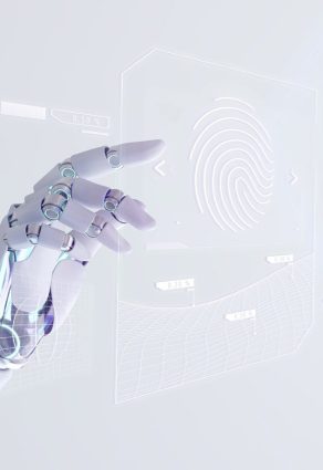 Mano robótica interactuando con una interfaz holográfica, simbolizando la integración de APIs de inteligencia artificial y el uso de modelos preentrenados en la nube. Integración de Algoritmos IA