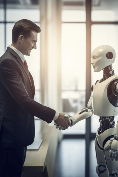 Hombre estrechando la mano de un robot humanoide en un entorno profesional, simbolizando la integración de inteligencia artificial personalizada en negocios. Integración de Algoritmos IA