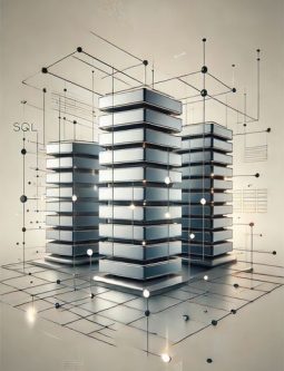 Representación abstracta de bases de datos relacionales con conexiones estructuradas y torres de almacenamiento digital. Tu seguridad es nuestra prioridad